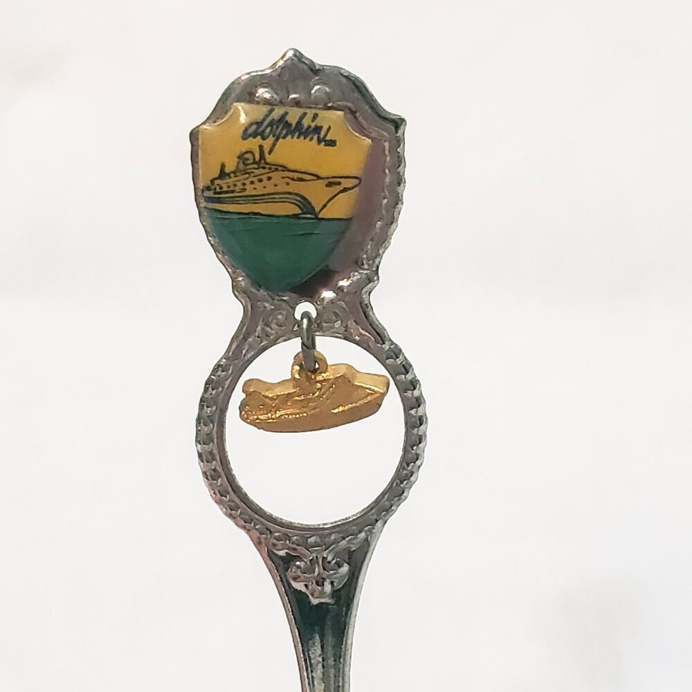 Dolphin Cruise Ship Dangle Charm Souvenir Spoon 4" Vintage Fort